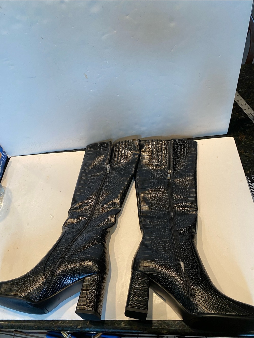NWOT Black Faux Crocodile Embossed Knee High Boots
